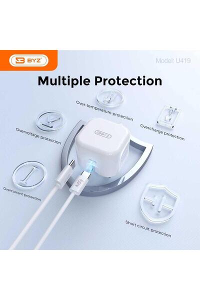 BYZ طقم شحن سريع U419 بقوة 25 واط مع قابس بريطاني قابل للطي وكابل USB-C