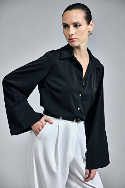 Sateen Ισπανικό πουκάμισο με μανίκια - Μαύρο