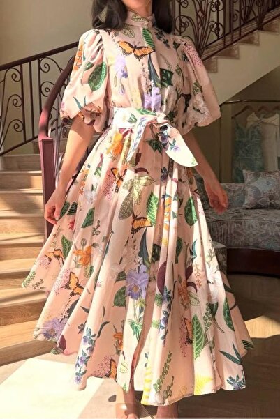 Pulli Collection Κομψό φόρεμα μίντι από λινό ύφασμα με λουλουδάτο σχέδιο και ...