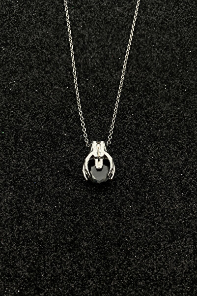 Hiza Black Heart Holding Hands Necklace, Gothic Design Steel Chain Glass Ston...