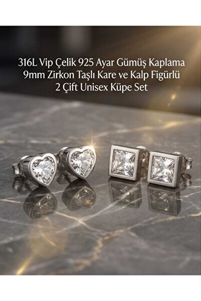 Öte Beri 316L Çelik Gümüş Kaplama Zirkon 9 mm Kalp Kare Küpe 2 Çift Unisex Pa...