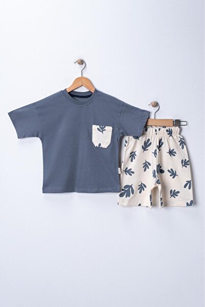 ZİMEXİ 3-4-5-6 Years Old Pocket Detail Shorts Printed 100% Cotton Children's Set
