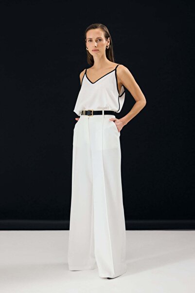 Sateen Παντελόνι με λεπτομέρεια στη ζώνη - Εκρού