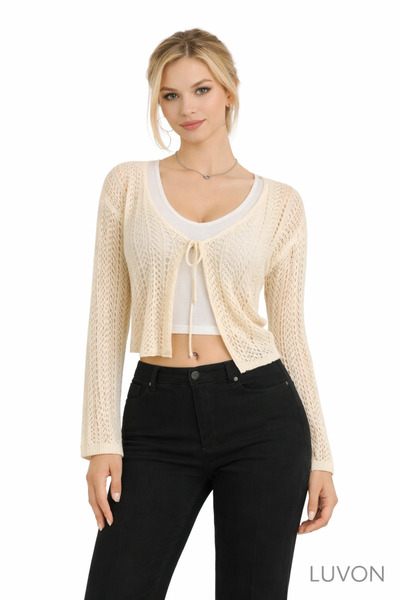 LUVON Μπεζ δαντελωτή πλέξη Με δέσιμο Βαμβάκι Γυναικεία ζακέτα Κοντό