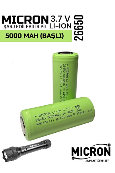 Micron 3.7 V (Volt) 5000 Mah (amper) 26650 Li-on Başlı Pil (1 Adet) El feneri...