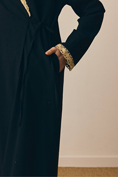 ZÜLAYS Dantelli Kruvaze Abaya Siyah