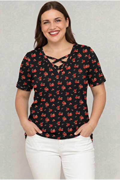 Curvy Trend Μπλούζα μεγάλου μεγέθους με λαιμόκοψη V και χιαστί λουράκια, κοντ...