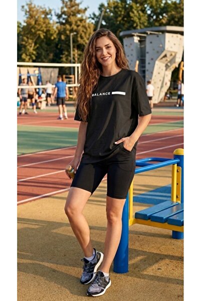 LiyAdaCo Μπλουζάκι Unisex Μαύρο με στάμπα Balance, Oversize Crew Neck