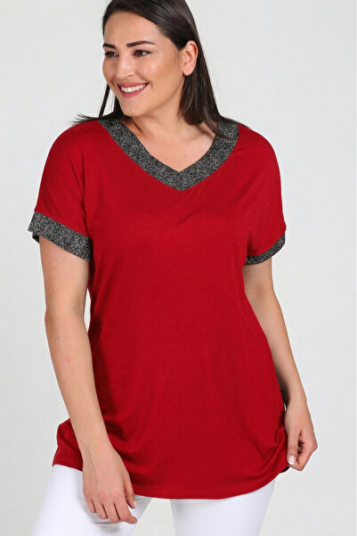 Curvy Trend Μπλούζα με κοντό μανίκι και γιακά με γκλίτερ σε μεγάλο μέγεθος