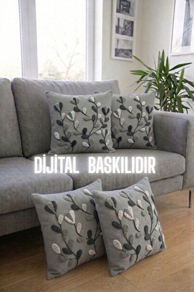 Hayal Dekoratif Punch Nakış Desen 3D Dijital Baskılı Gri Zeminli Nakış Yuvarlak Desen 4'lü Kırlent Kılıfı