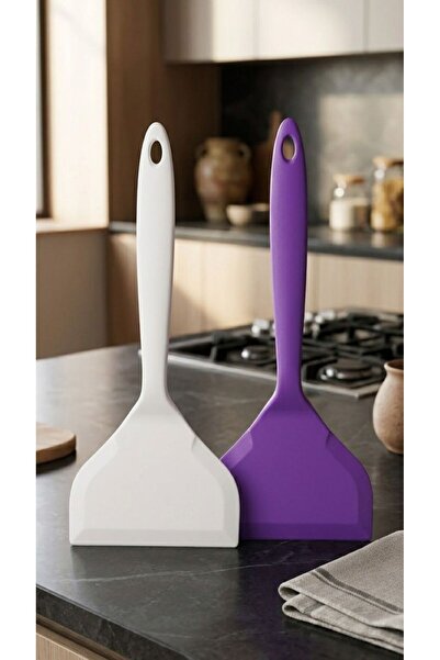 TARIK HOME 2li Set Geniş Silikon Mutfak Spatulası Mor Beyaz -Ergonomik Saplı ...