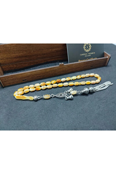 İskeçe Tesbih Ξύλινο Κουτί 6.75 Γρ. Ασημένια Φούντα Απολιθωμένη από τη Γη 9 Γ...