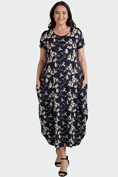 Curvy Trend Μεγάλο μέγεθος, κρεμ φόρεμα με φλοράλ σχέδιο, φαρδύ κοντομάνικο φ...