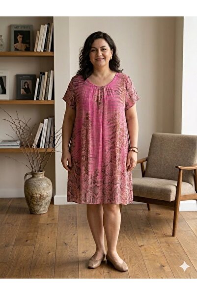 AYASOFYA OTANTIK Γυναικείο ιταλικό φούξια φόρεμα με στρογγυλή λαιμόκοψη, με μ...