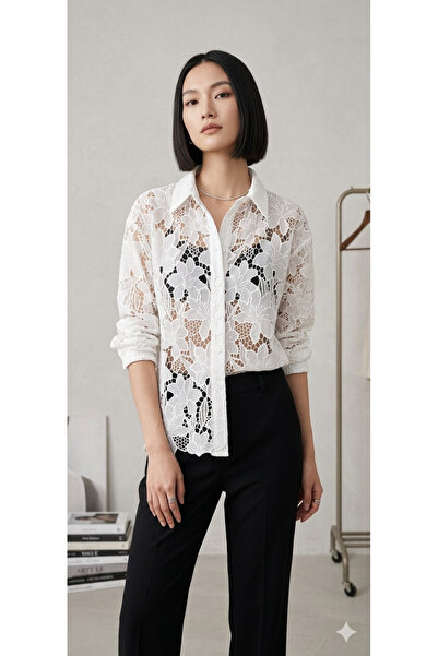 oyagüler Women's White Gupure Fabric Transparent Design Shirt Yy101372