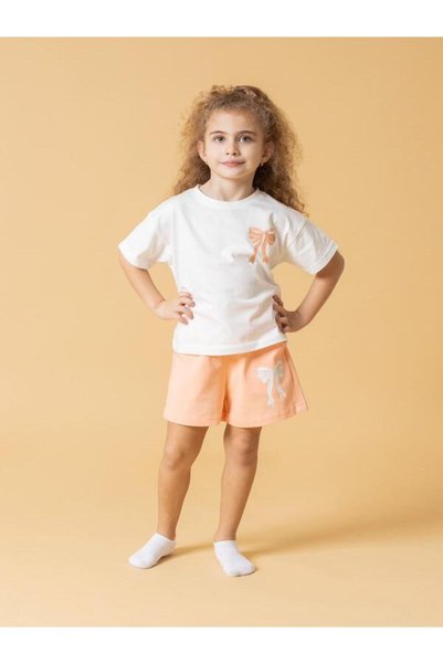 TAYO BABY 100% Cotton Girls' T-Shirt Shorts Top and Bottom Set with Orange Bow Pattern and Printed on the Back