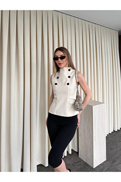 Laluvia Beige Adjustable Belted Buttoned Blouse - 70265