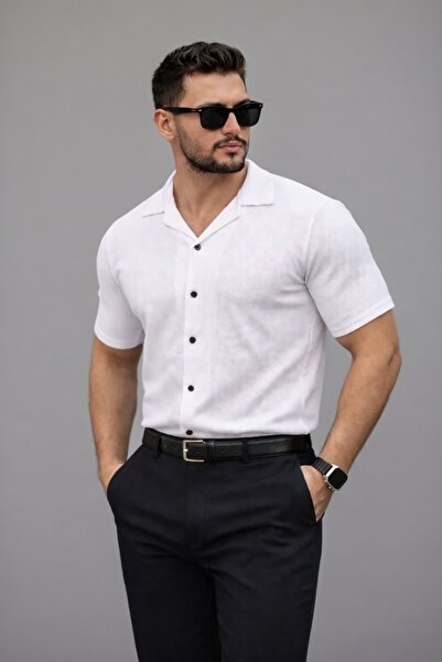 PULT New Men's Short-Sleeved Summer 100% Cotton Textured Lapel Shirt Slim Fit...
