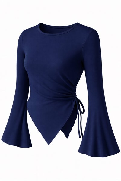 yousnila Navy Blue Draped Detailed Round Neck Spanish Sleeve Hijab Compatible Top Blouse