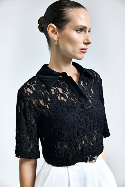 Sateen Δαντελένια Μπλούζα - Μαύρη