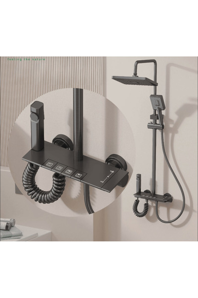 OEM Ματ Γκρι Στήλη Ντους 4 Λειτουργιών – Τετράγωνη, Μοντέρνα, με Θερμοστάτη