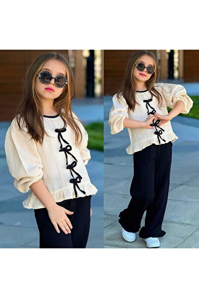 Butik Bohem Stil Fiyonk Süslemeli Kız Çocuk Müslin Bluz ve Pantolon Takımı