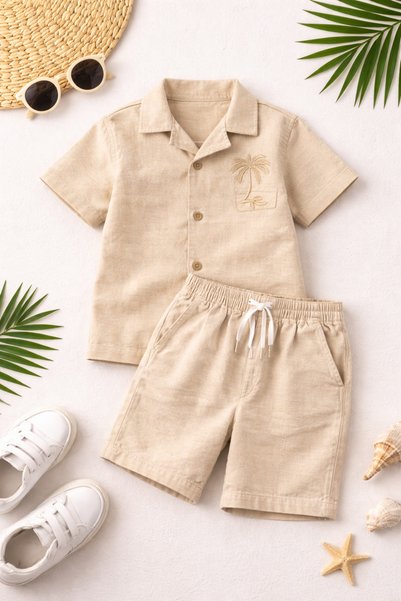 Yalçınoğlu Kids Cămașă și pantaloni scurți pentru băieți, set de vară, set confortabil cu imprimeu pentru băieți, set pentru băieți