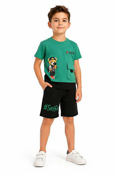İrem Çocuk Giyim Boy's Teddy Bear Patterned T-Shirt and Shorts Green Color Tw...