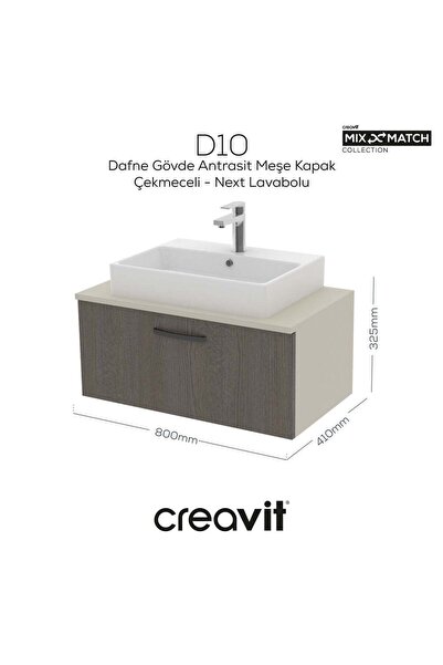 Creavit D10 Next Lavabo Dolabı Çekmeceli 80 cm Dafne Gövde Antrasit Meşe Kapak