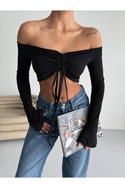 Zenistra Women's Black Front-Tie Draped Gathered Collar Crop Blouse