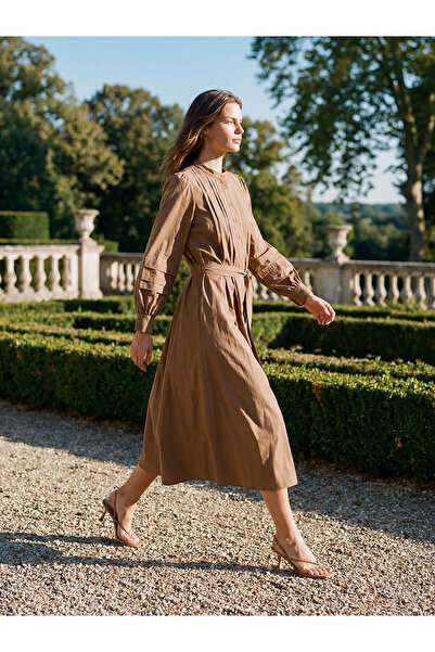 LC Waikiki Lcw Everyday Green Judge Collar Belted Poplin Dress with Nevavm Di...