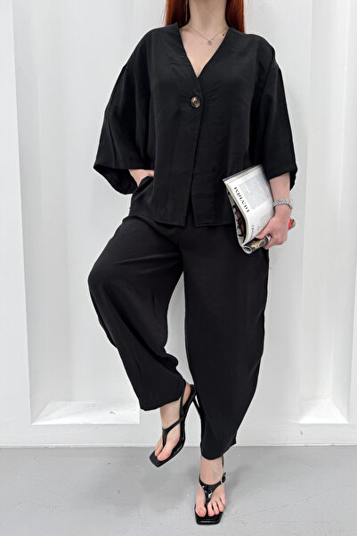 Lusin Γυναικείο Μαύρο Πουκάμισο από Ύφασμα Τένσελ, Σετ Σαλβάρι Άνω και Κάτω Μ...