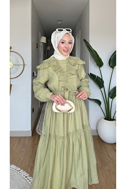 merve ada design Vual Kumaş Fırfır Yaka Detaylı Tesettür Elbise İNCE ASTARLI