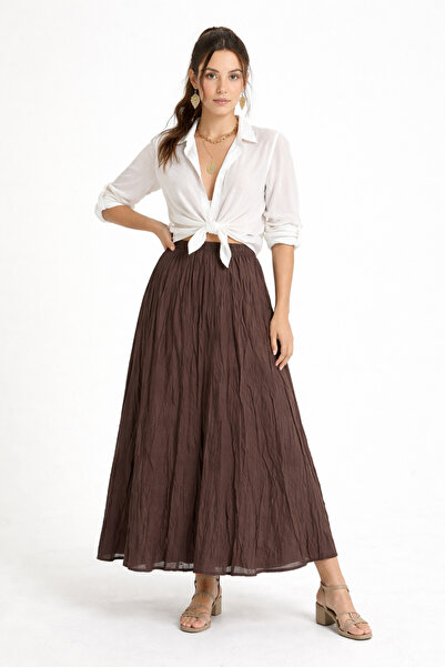 Women's Brown Wrinkle Skirt Voile Fabric Elastic Waist Wrinkle Crush Long Lined Skirt