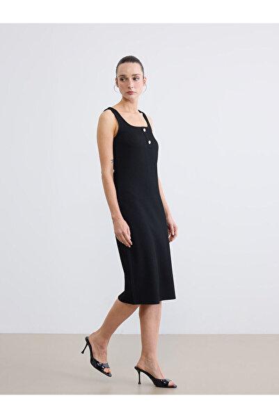 LC Waikiki NEVAVM Φόρεμα LCW EVERYDAY με μαύρο U-λαιμόκοψη και ριμπ ύφανση - ...