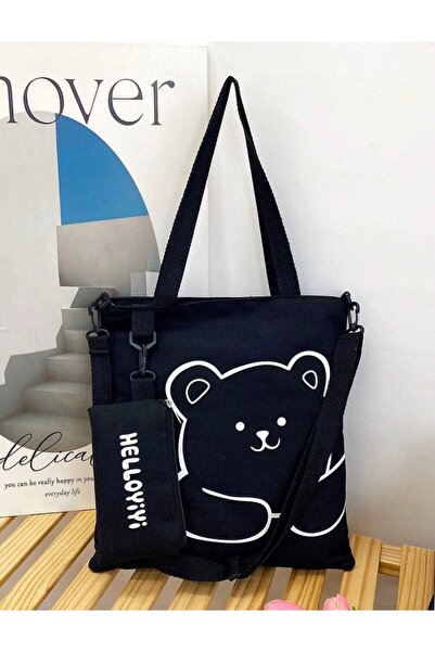 Hony Very Practical Large Size Canvas Bag with Bear Design in Black Color