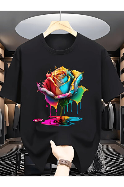 one button Tricou oversize premium cu imprimeu trandafiri colorați pentru băr...