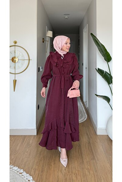 merve ada design Kadın Volan Yaka Detaylı Vual Kumaş Tesettür Elbise İNCE ASTARLI