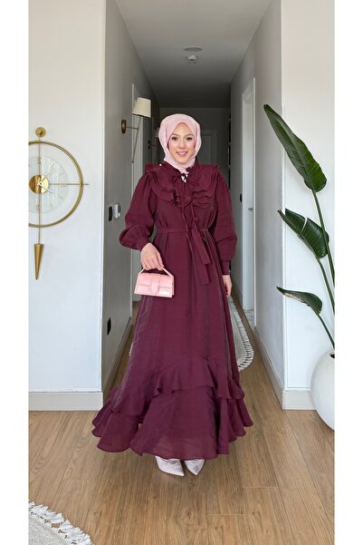 merve ada design Kadın Volan Yaka Detaylı Vual Kumaş Tesettür Elbise İNCE AST...