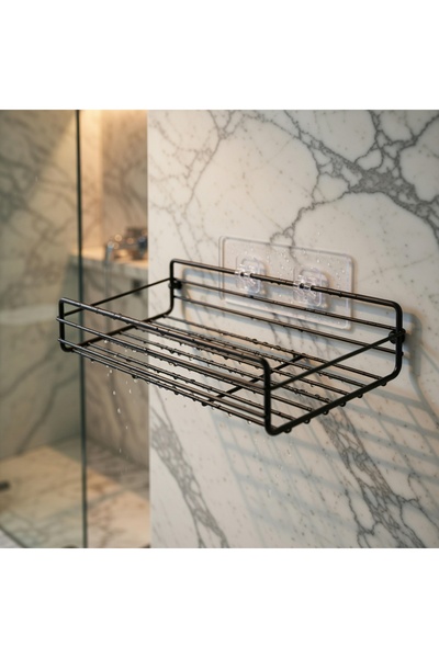 Z Store Μαύρο Μεταλλικό Ράφι Μπάνιου με Αυτοκόλλητα Άγκιστρα – 27x10.5x5 εκ.
