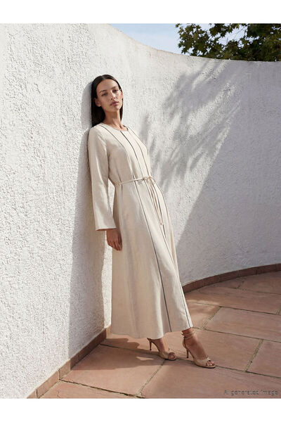 LC Waikiki Ecru Crew Neck Linen Blend A-Line Dress