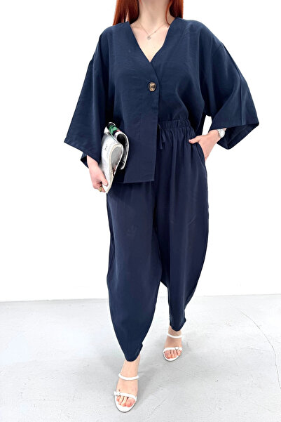 Lusin Γυναικείο Σετ Πουκάμισο και Παντελόνι από Ύφασμα Tensel σε Σκούρο Μπλε,...