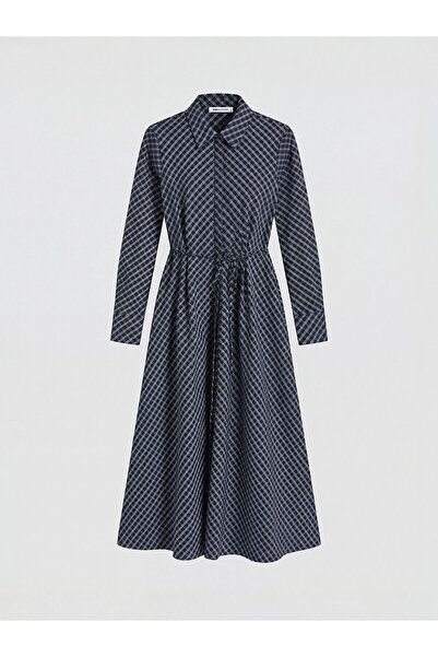 LC Waikiki Lcwaikiki Classic Navy Blue Plaid Belted Poplin Shirt Dress with N...