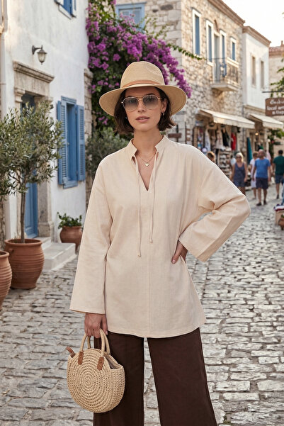 Lela بلوزة قطنية مريحة بياقة مربوطة BLUZ 6925480