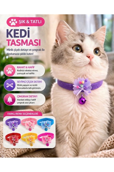 HAYHAYPETSHOP Çıngıraklı Kedi Tasması Ayarlanabilir Yumuşak Boyun Tasması Çiç...