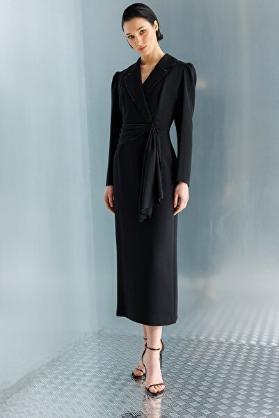 Rain and River Double-breasted collar beaded detailed long dress