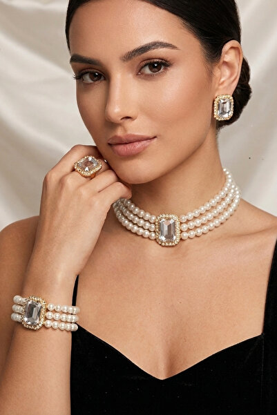 Happyline İncili gümüş baget taşlı gold kaplama cam inci choker kolye tasarım...