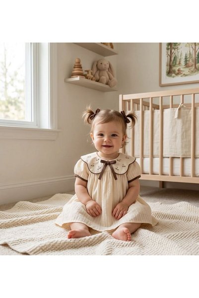 Luna Kids Store Baby Girl Collar Dress with Hazelnut Embroidery Premium Dress