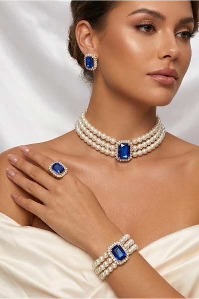 Happyline İncili saksmavi baget taşlı gold kaplama cam inci choker tasarım ko...