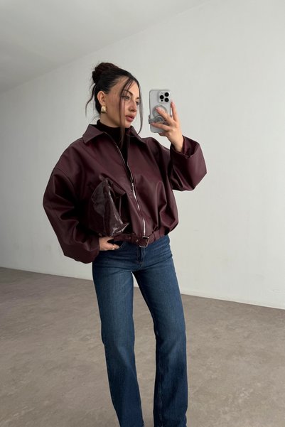POP STORY Jachetă din piele premium Bomber supradimensionat pentru femei cu centură